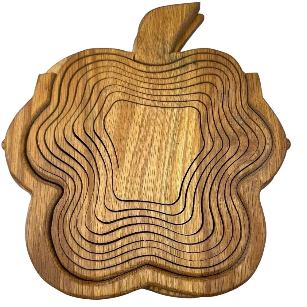 Wood Shamrock Hand Carved Collapsible Fruit Basket w Folding‎ Trivet Lucky Irish